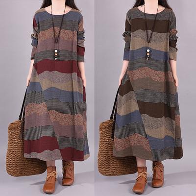 Women Casual Cotton and Linen Long Dress  Autumn Vintage Style O-neck Striped Loose Comfortable Women A-line Dresses