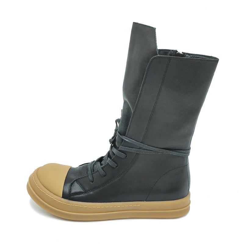 High Quality Men Casual Shoes Women Mid Calf Boots Genuine Leather Lacu Up Motorcycle Boots Round Toe Flat Heel Vintage Sneakers