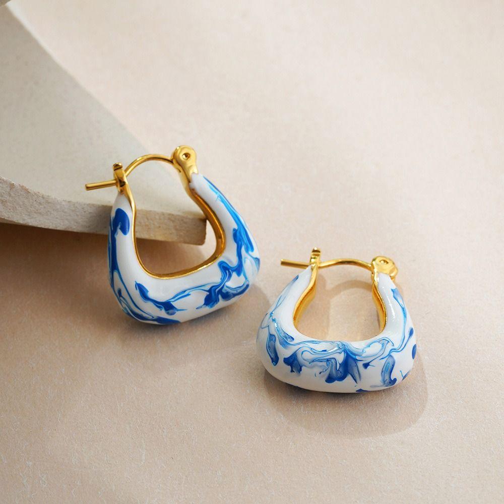 Zinc Zinc Alloy Ceramic Ear Buckle Jewelry Accessories Hoop Earrings Blue and White Porcelain Earrings  Women