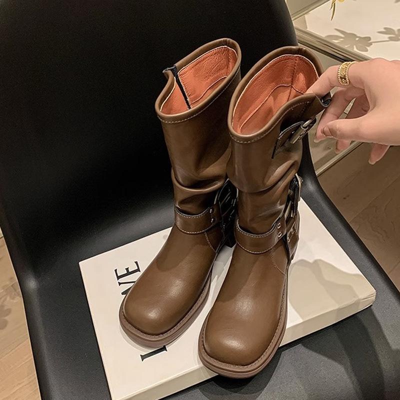 

Повышенное чувство дизайна ретро толстый каблук плиссированные ковбойские сапоги в западном стиле женские осенне-зимние сапоги-рыцари с пряжкой на ремне сапоги средней длины с присборенным голенищем 40