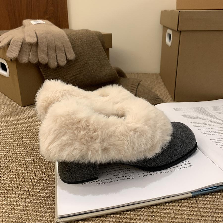 Thick heel square head gentle fluffy shoes women's winter new French gray with skirt fairy temperament velvet warm cotton shoes