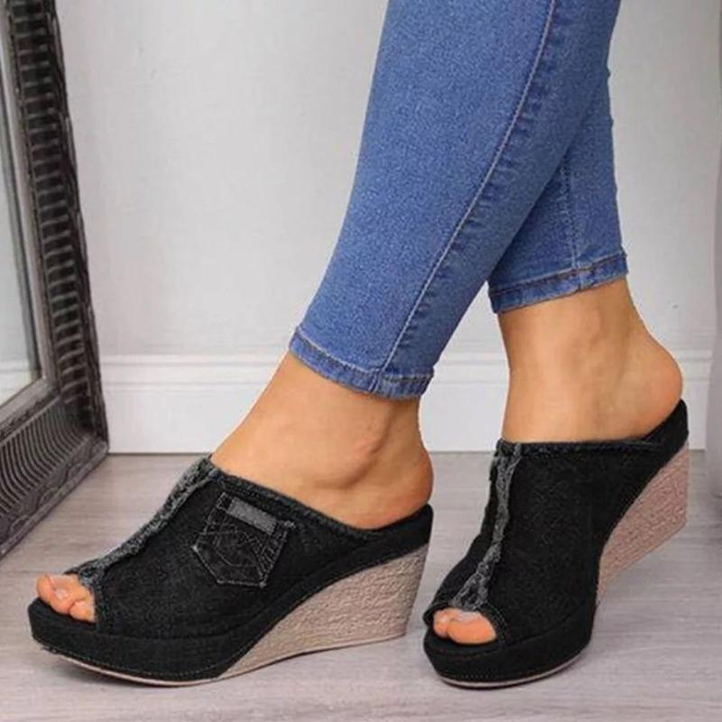 20Wish denim cool slippers high heel fish mouth wedge heel sandals large size 424
