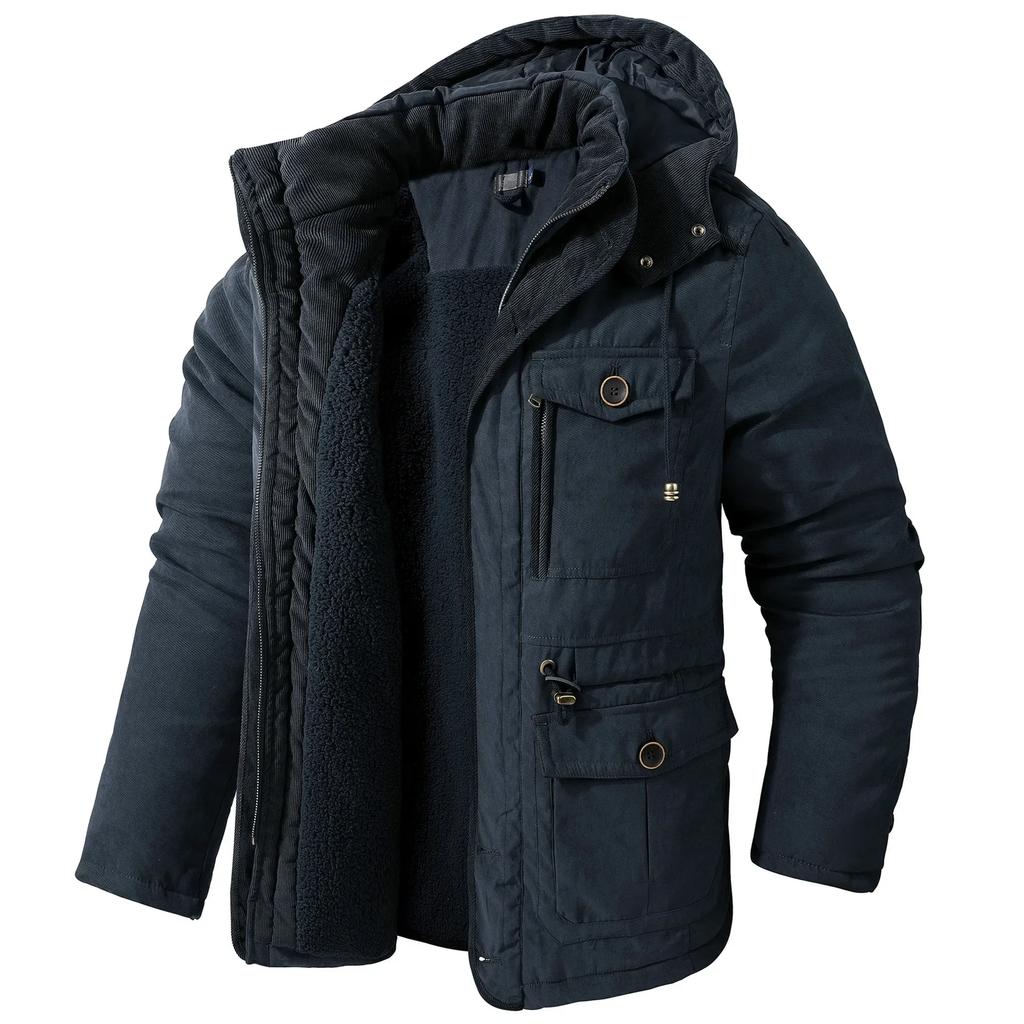 Winter Men's Jacket Large Size Warm Hooded Thickened Multi Pocket Casual Mid Length Coat