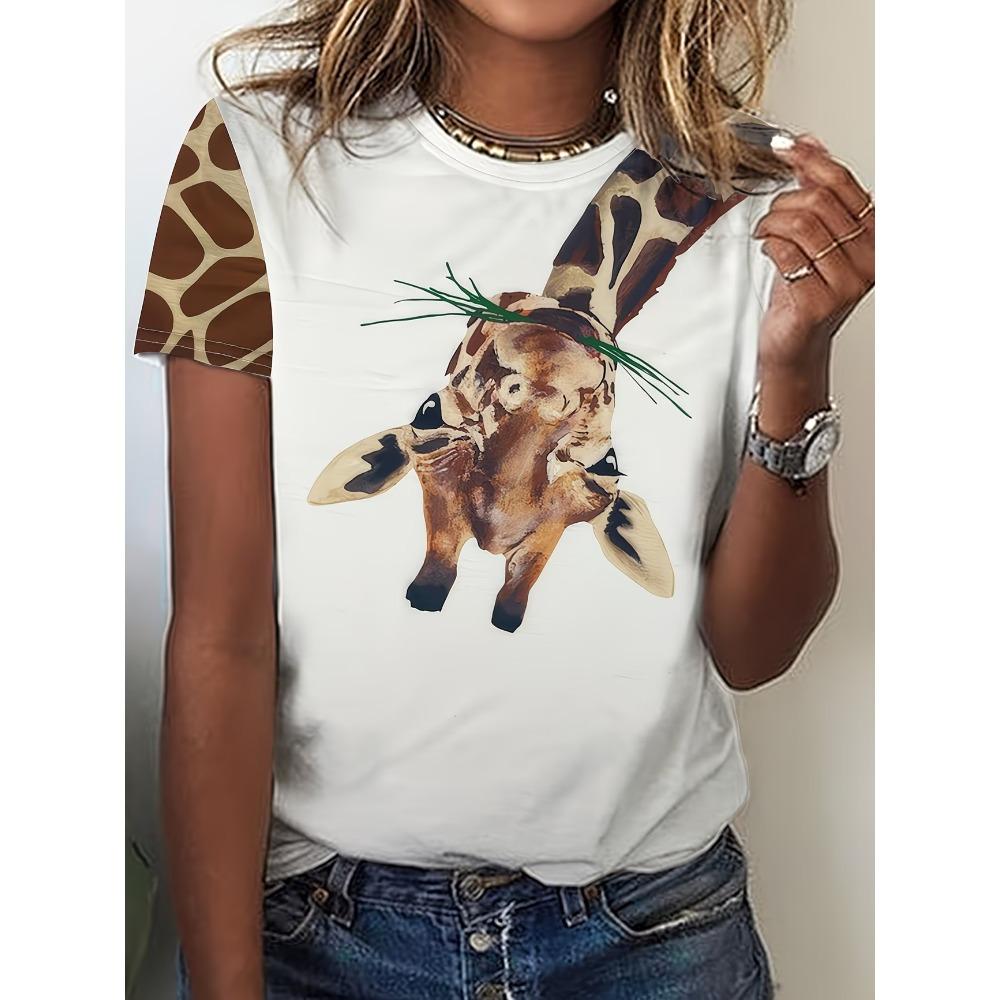 Rundhals Kurzarm Aquarell Giraffe Blumendruck T-Shirt Damen Outfits Lässig Tägliche Kleidung Sommer Damenkleidung
