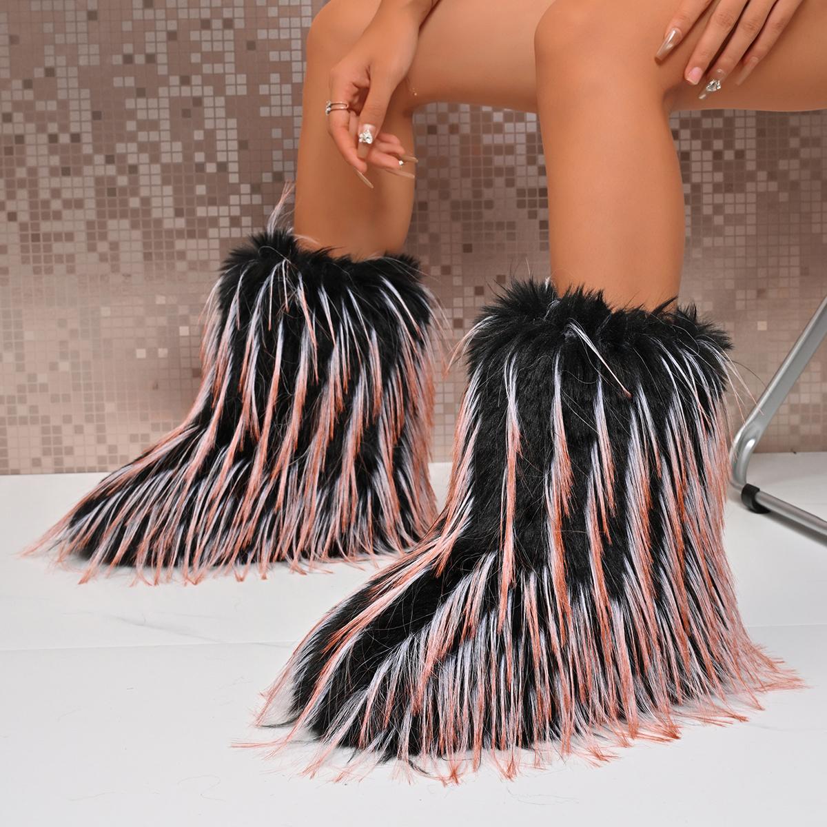 

Модные зимние женские ботинки 2025 Новые уличные пушистые ботинки из искусственного меха Женские плюшевые теплые зимние ботинки Роскошные меховые модные туфли для женщин 36