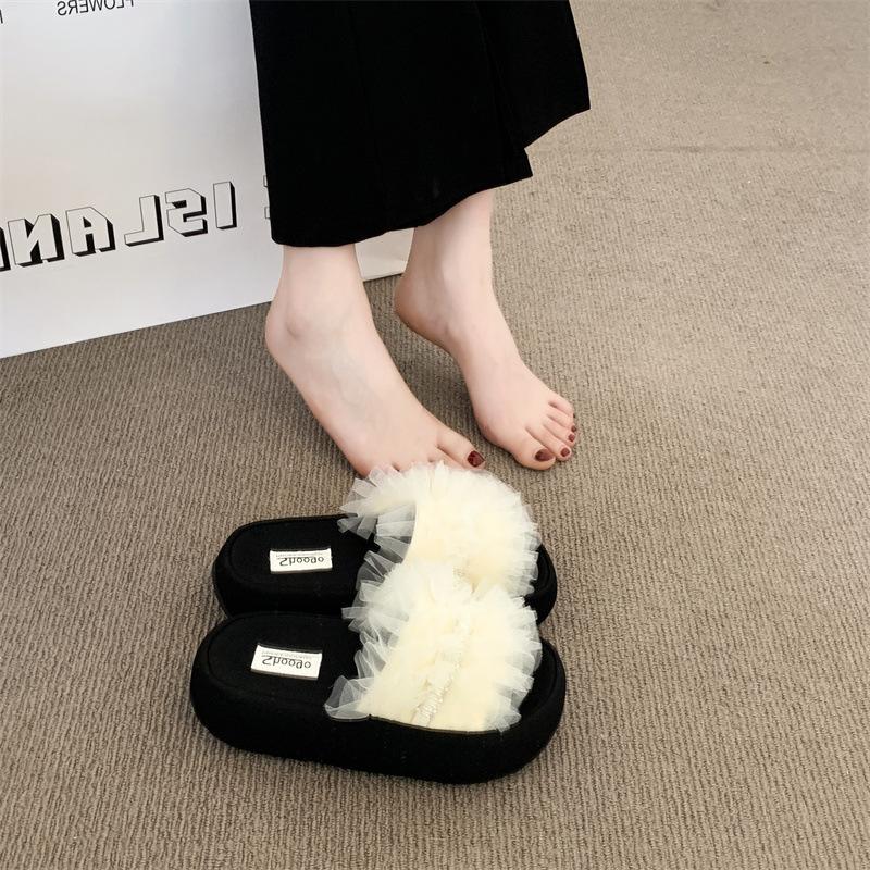 Mesh Thick-bottomed Cool Slippers Women's 2025 Summer Casual Fashion Lace Edge Mesh Yarn Wearing Women's Cool Slippers