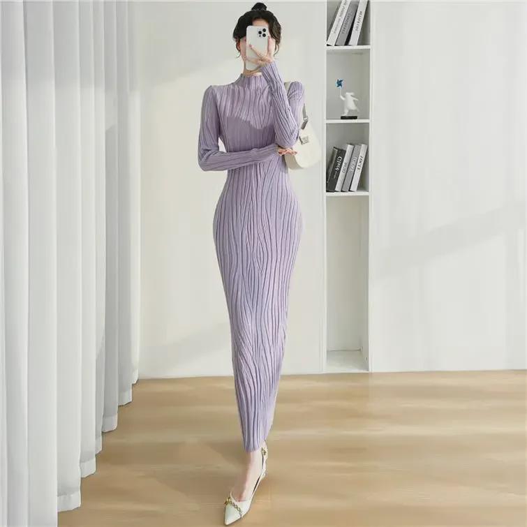 Simple Slim Fit Half Turtleneck Sweater Dress - Knitted Ankle Length for Women, Perfect for Autumn