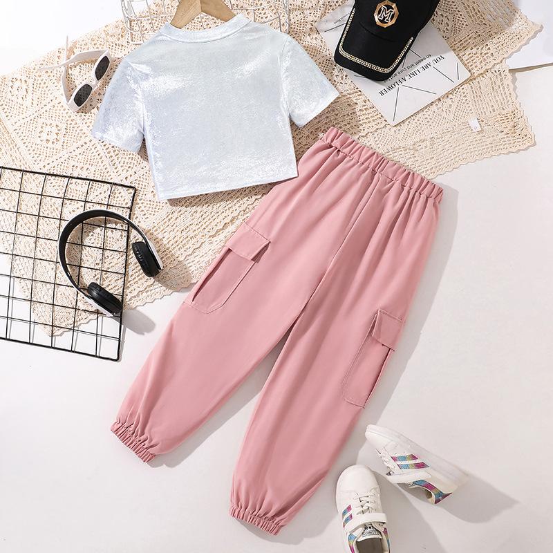 Girls Summer Suit 2025 Children Clothes Gold-stitched Knitted Short Sleeve Tshirt + Cargo Trousers Casual Sports Set