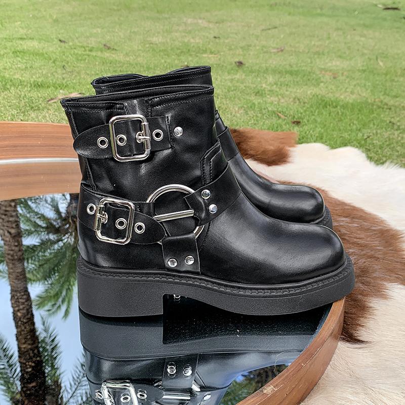 Vintage Woman Western Cowgirl Boot Fashion Belt Buckle Short Booties Autumn Winter Suqare Heel Girl Shoes