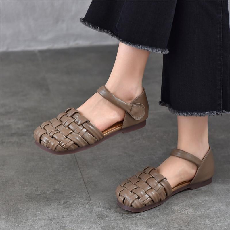 Johnature Versatile Women's Shoes Casual Genuine Leather Hand Woven Round Toe Flat Sandals