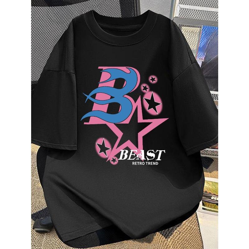 

Men s Short-Sleeve T-Shirt with Letter and Star Print, Trendy Vintage Style Top 4XL чорний