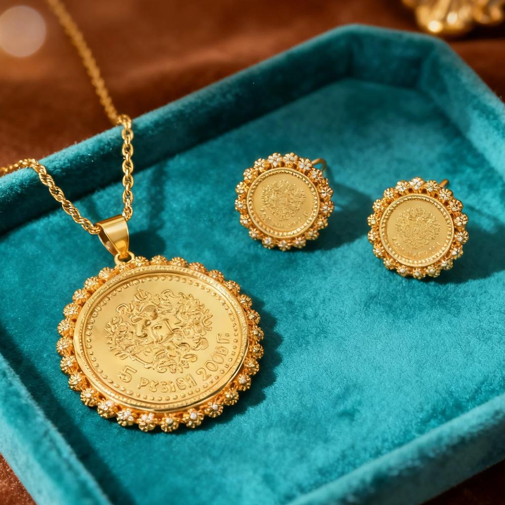 Persisk Lejon Sol Symbol Guldpläterad Halsband Örhängen Set Antik Mynt Vintage Mellanöstern Stil Smycken Gåva till Henne Fest