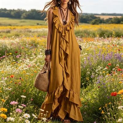 Damen Boho Langkleid Sommer Rüschen Tiefer V-Ausschnitt Ärmellos Schwingendes Kleid Einfarbig Locker Lässig Strandurlaub Maxikleid
