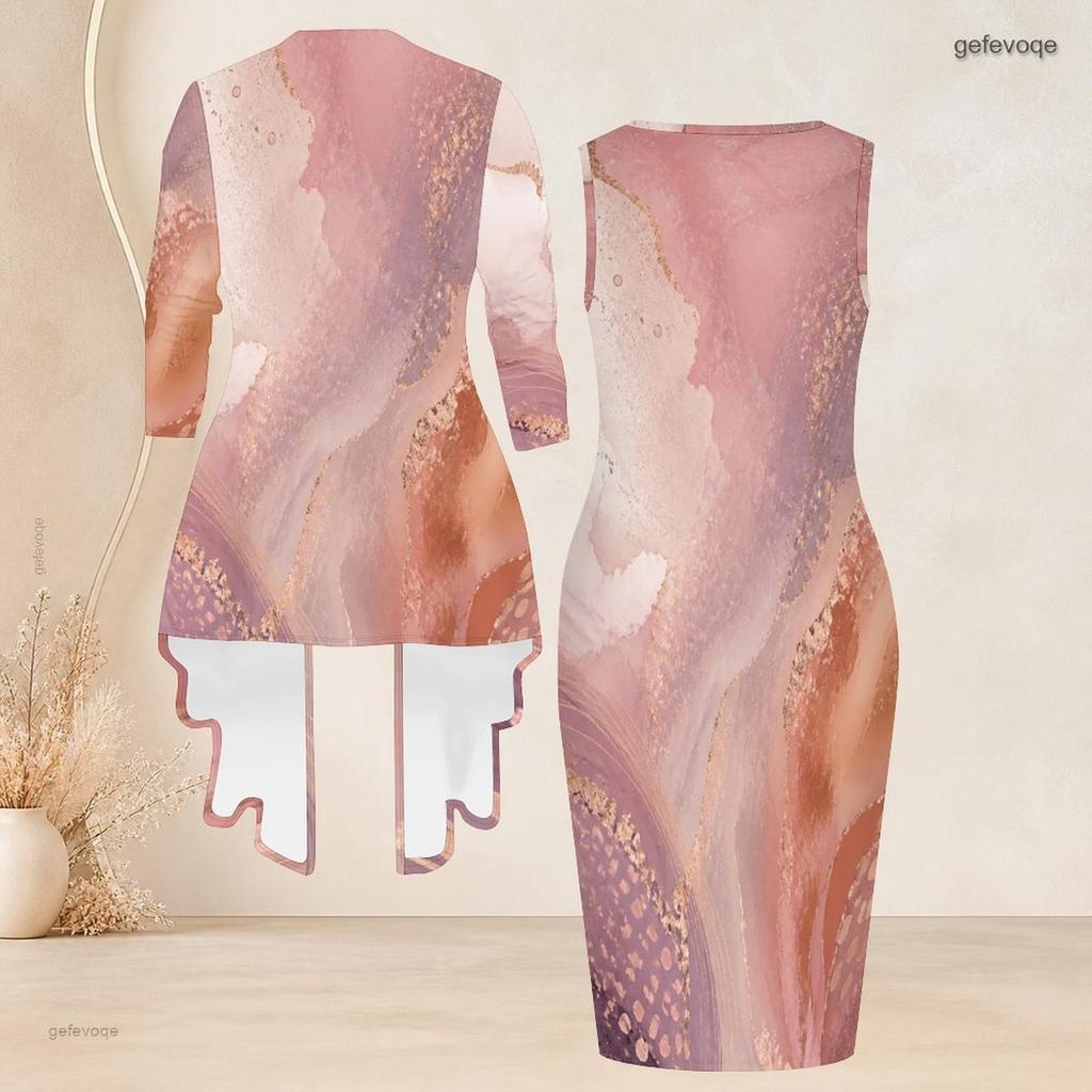 Women Plus Size Two Piece Set Round Neck Sleeveless Bodycon Dress Three Quarter Sleeve Blue Printed Open Cardigan