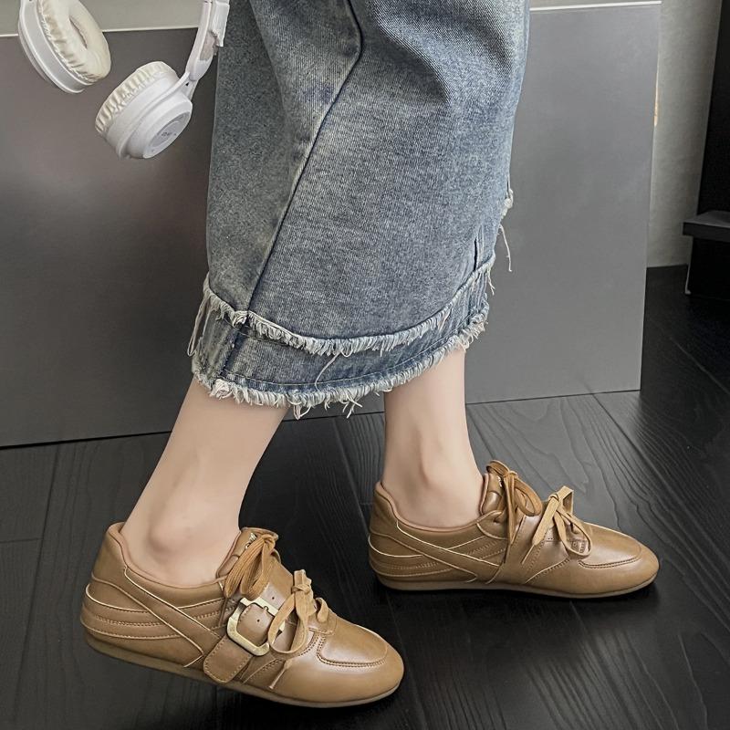 Retro Flat Bottom Soft Sole Belt Buckle Double Shoelace Fashion Casual Small Leather Shoes Single Shoes Women