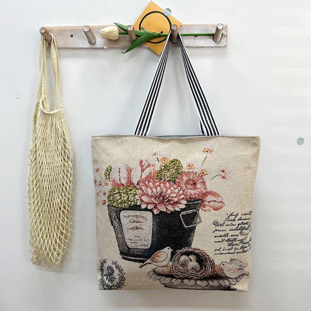 Embroidery Flower Cloth Bag Large Capacity Embroidery Tote Bag Simple Animal Shoulder Bag  Girls