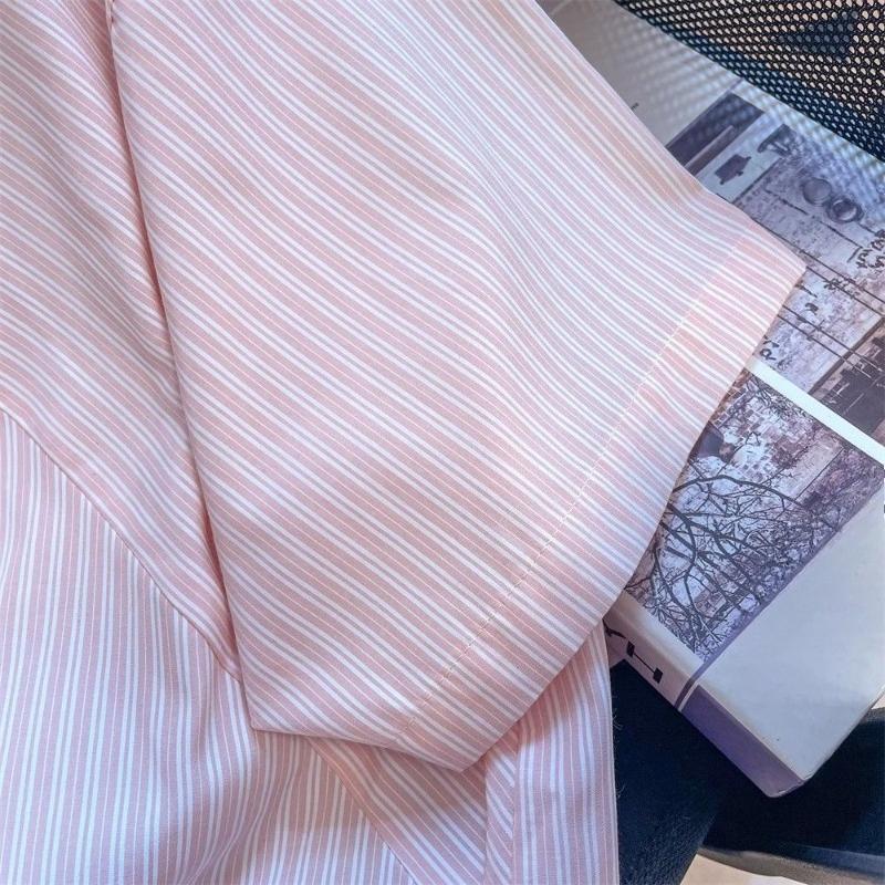 Dog Embroidered Striped Shirt for Female Pink Summer Short Sleeved Lapel Tops Japanese Chic Loose Single Breasted Shirts