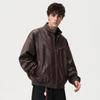 Simple tide stand-up collar windproof leather jacket men's autumn retro loose silhouette motorcycle jacket