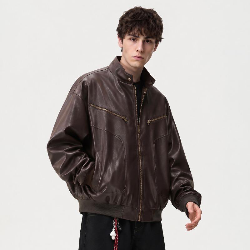 Simple tide stand-up collar windproof leather jacket men's autumn retro loose silhouette motorcycle jacket