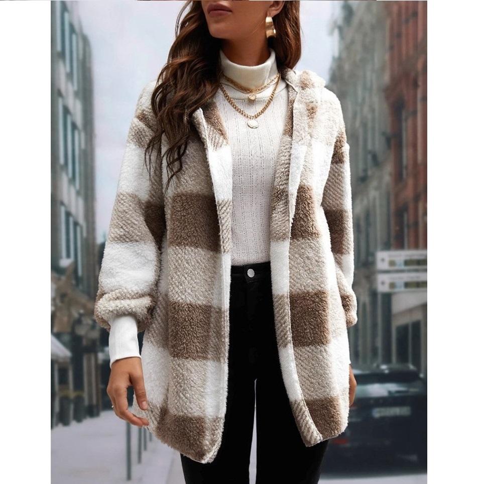 

Свободный клетчатый плюшевый кардиган с цветными блоками, модный свитер для женщин XS хаки