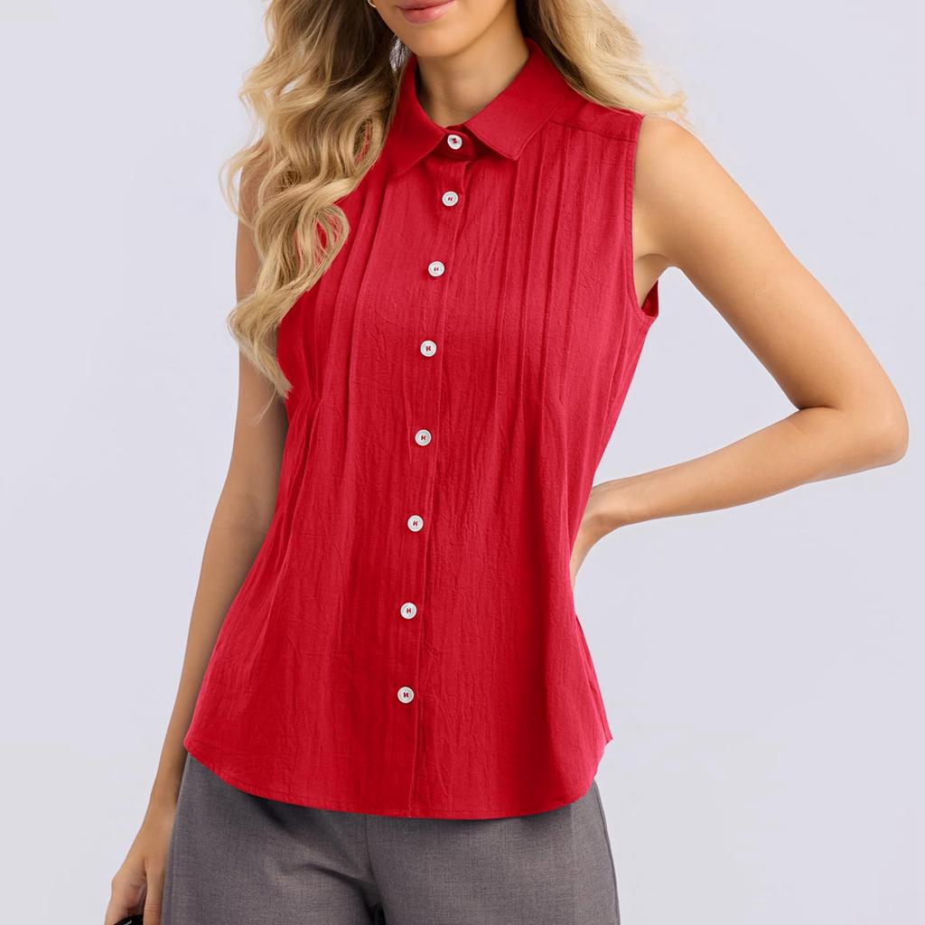 Women Sleeveless Button Down Shirt Summer Casual Collared Blouse Front Pleated Basic Tank Top Lightweight Breathable Fabric