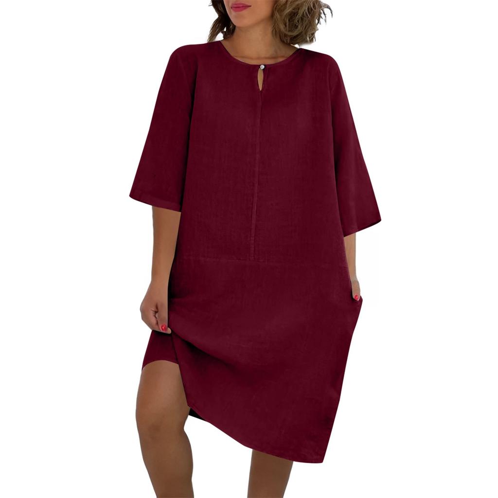 Dam Ny Sommar Sjuärmad Bomull Och Linne Liten V-ringning Patchwork Vintage Enfärgad Klänning