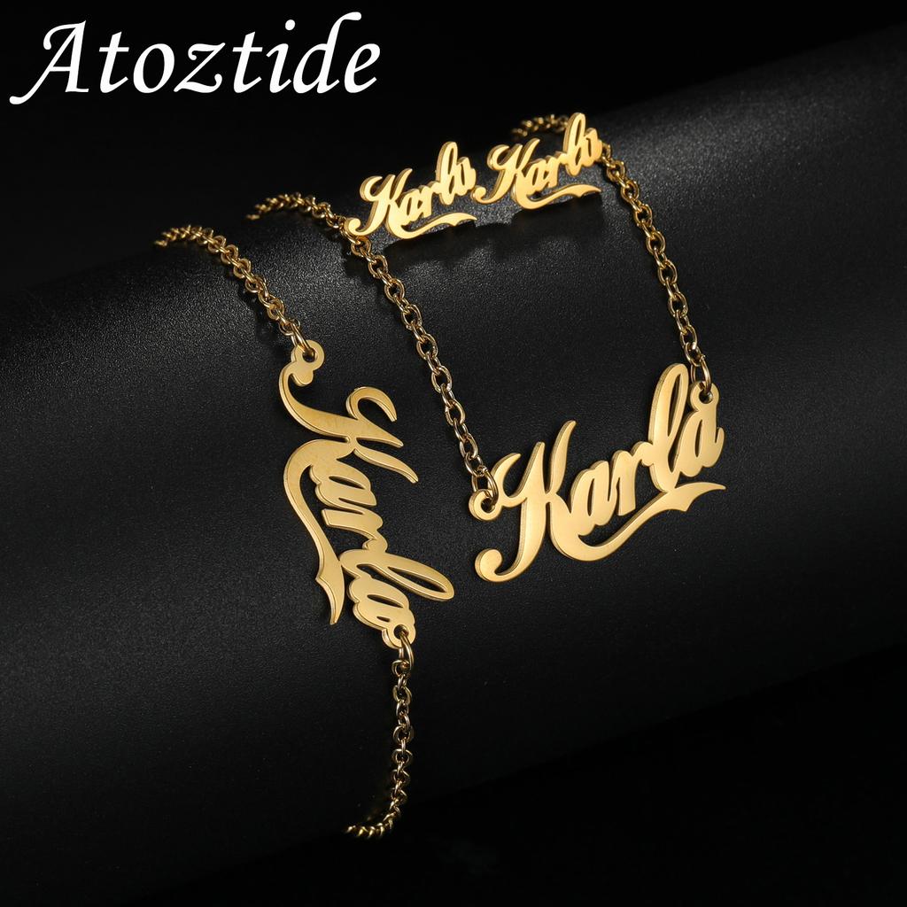 Atoztide Personalized Custom Jewelry Set Name Necklace Bracelet Stud Earring Stainless Steel For Women Link Chain Birthday Gift