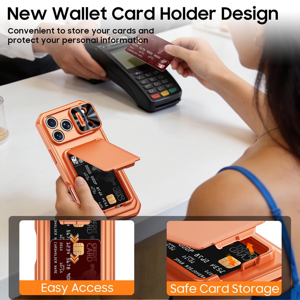 RFID Blocking Wallet Case with Card Holder Sliding Camera Cover and Kickstand for iPhone 18 Pro Max iPhone 17 Pro Max-Orange