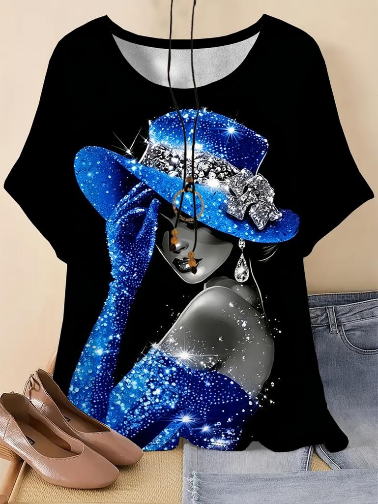 Retro Elegant Women's T-Shirt Ladies Pattern Casual T-Shirt Short-Sleeved Round Neck Tees Women's Clothing Summer Women's Tops