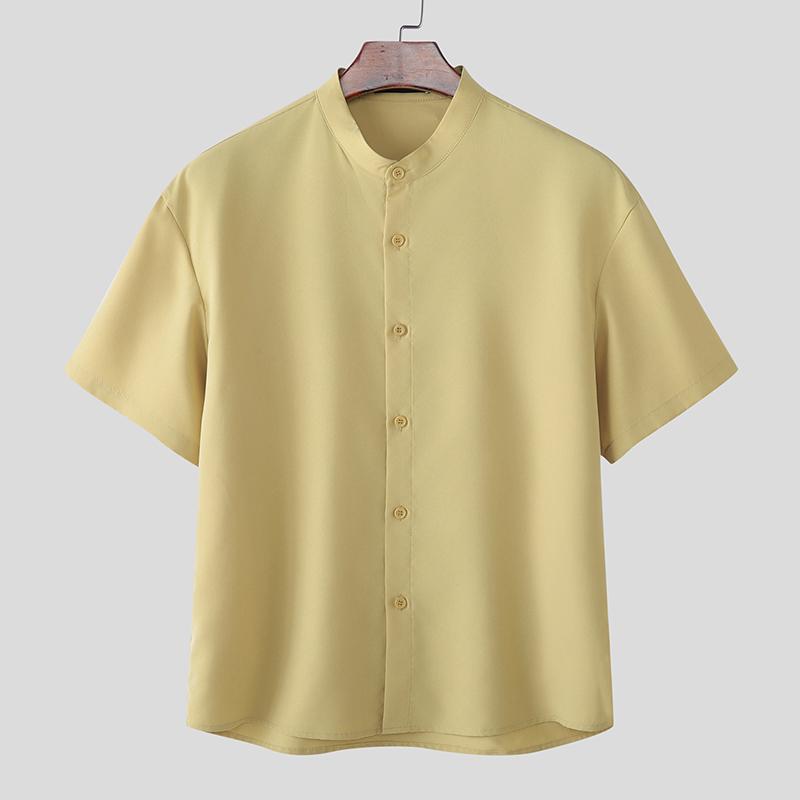 INCERUN Men Collarless Short Sleeve Button Down Casual Loose Shirts Tops