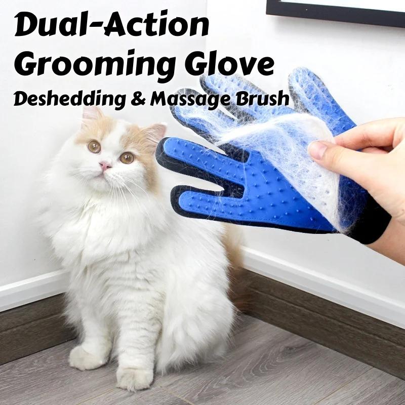 Grooming Dual-Action Glove – Silicone Rubber Deshedding Brush Massage Mitt For Cats/Dogs Waterproof Pet Bathing Glove