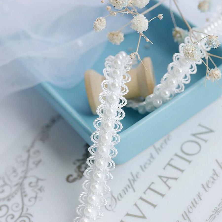 2 Yards/182cm White Black Pearl Beaded Lace Fabric Embroidered Beaded Sewing Accessories 1.2CM Wide