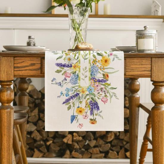 Spring Table Runner Floral Linen Table Runner Seasonal Summer Wildflowers Kitchen Dining Decoration for Home Party Decor
