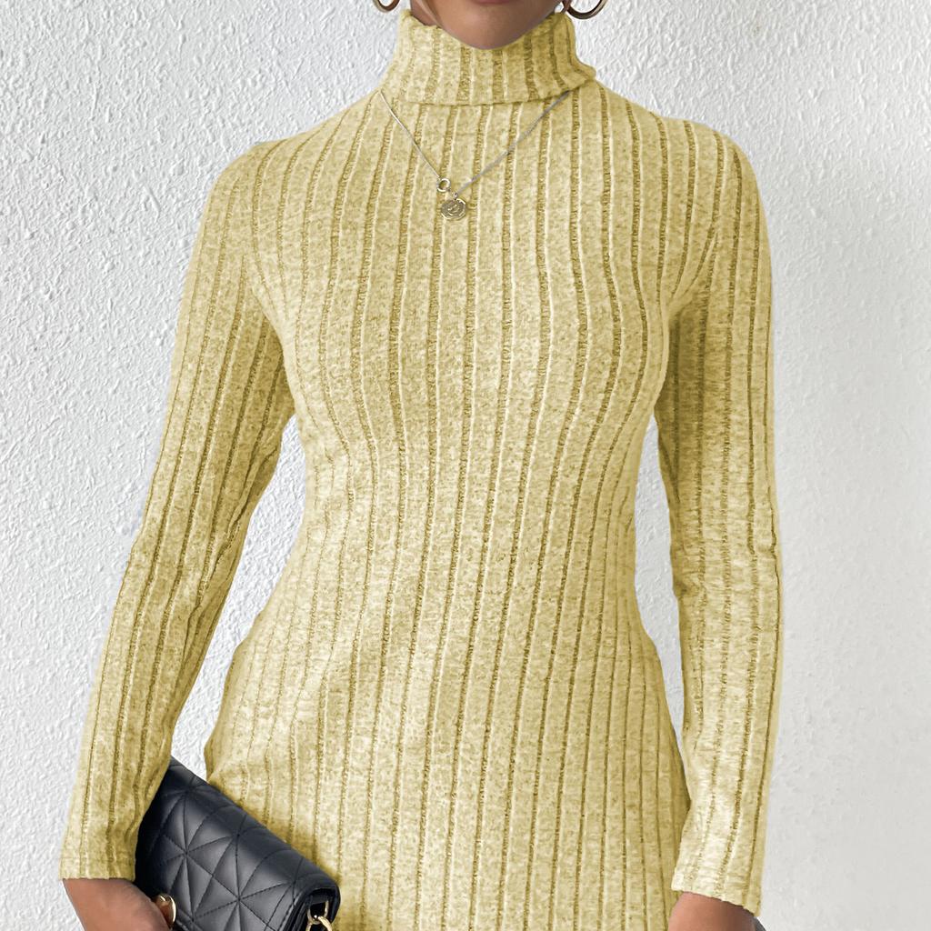 Women's High Neck Pullover Autumn Winter Slit Slim Fit Bottomed Shirt Pit Stripes Medium Length Sweaters