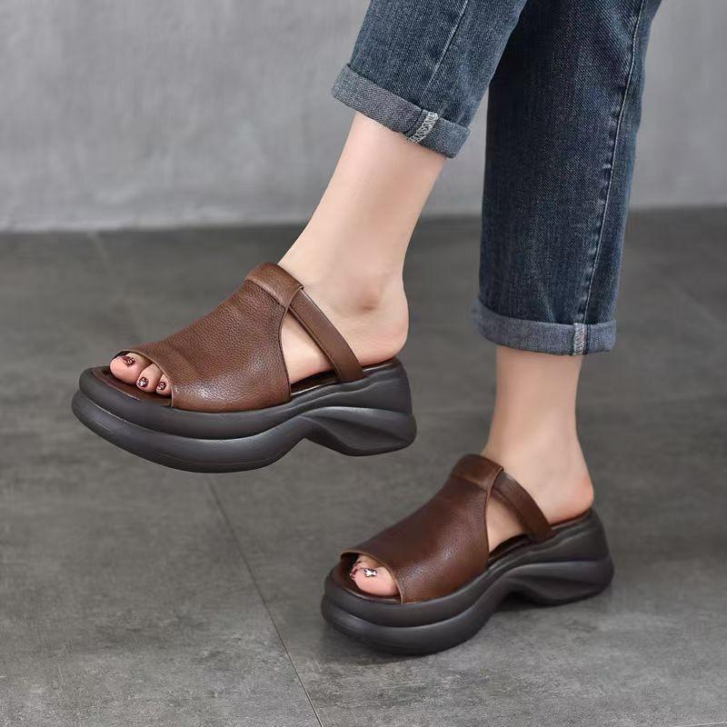 thick-soled fish mouth sandals women's summer new muffin retro soft-soled outdoor height-increasing leather cool slippers women
