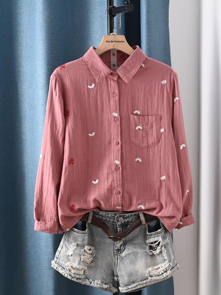 Double-Layer Gauze Floral Embroidered Long-Sleeve Autumn Shirt for Women