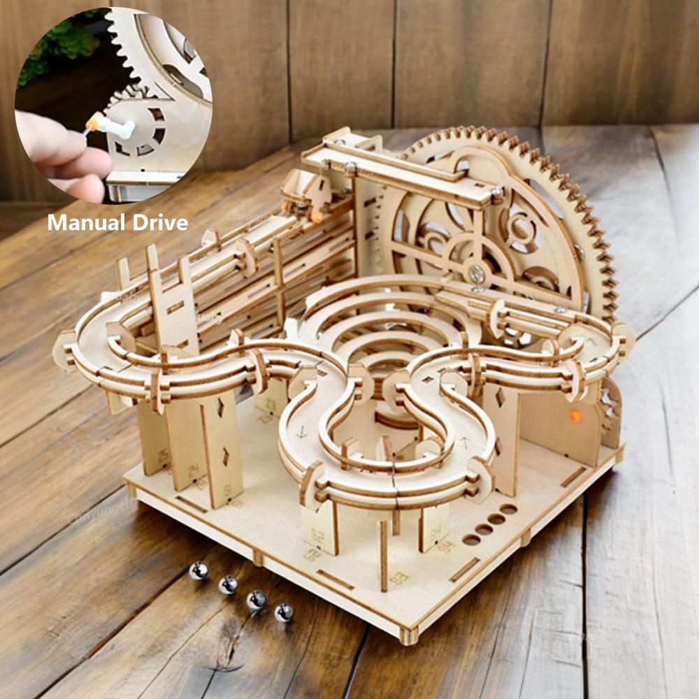 3D Wooden Puzzle Diy Building Kits Mechanical Model Marble Run Set With 4 Balls Creative Stem Toys For Adults Kids Birthday Gift