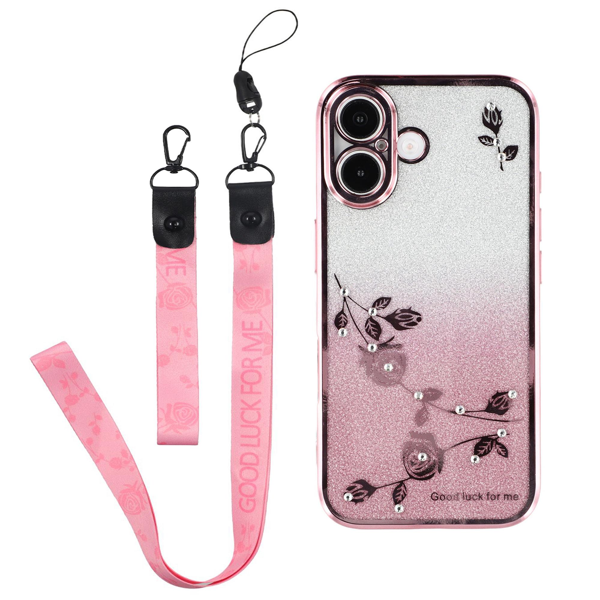 

For iPhone 16 Plus Case Gradient Glitter Flower TPU Phone Cover with Lanyards Rose Gold