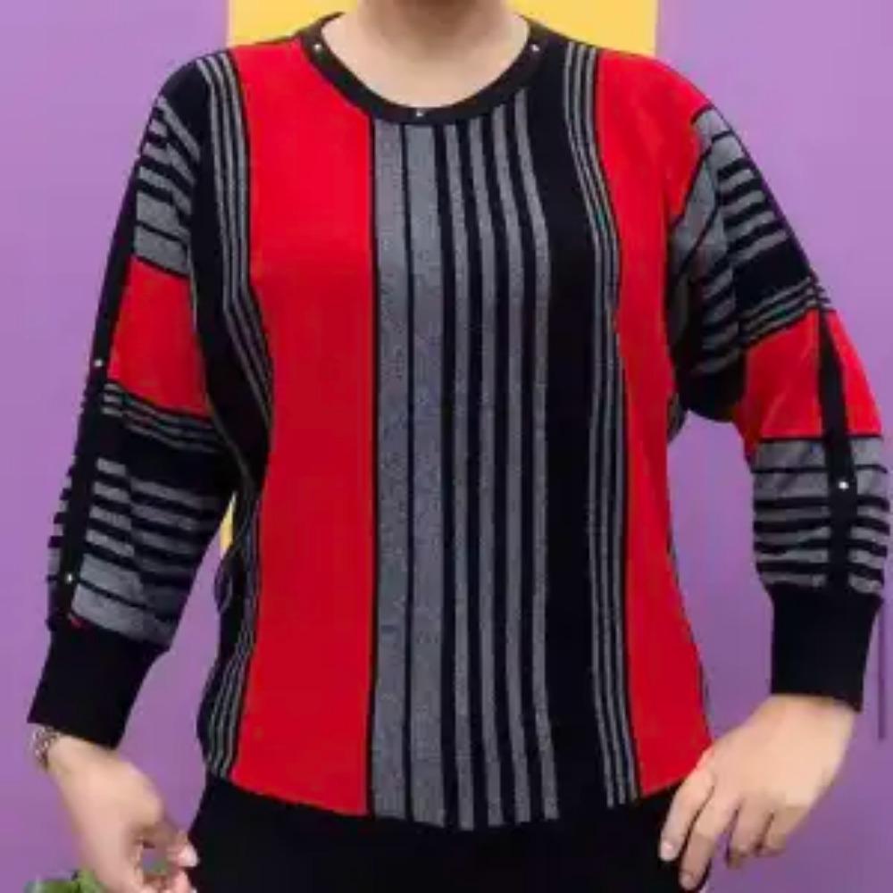 

Women s Spring Autumn Contrasting Colors Striped Tops Causal Commute Stylish Rivets O-Neck Knitted Long Sleeve Vintage Pullovers 6XL сірий колір/вина червоного кольору