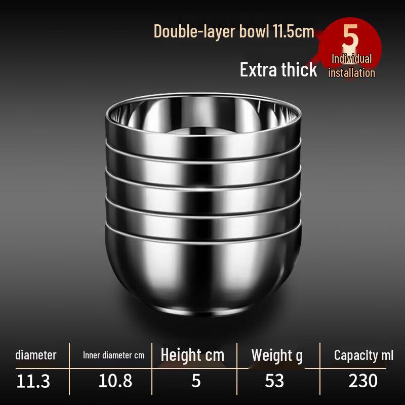 

Qinjian Double-Layer Stainless Steel Insulated Bowls (5-Pack)