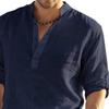 Camicia estiva da uomo maniche lunghe colletto alla coreana tinta unita pullover ampio abbigliamento quotidiano bottoni casual taglie forti uomo top abbigliamento maschile