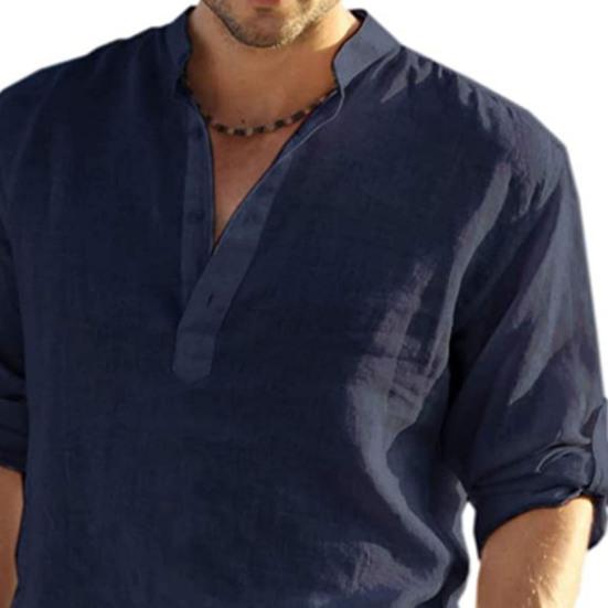 Camicia estiva da uomo maniche lunghe colletto alla coreana tinta unita pullover ampio abbigliamento quotidiano bottoni casual taglie forti uomo top abbigliamento maschile