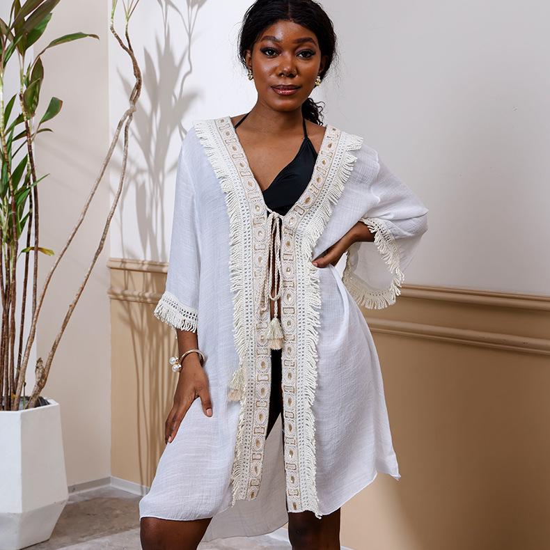 

Bohemian Style Lace Bamboo-Cotton Beach Cover-up Cardigan One Size білий