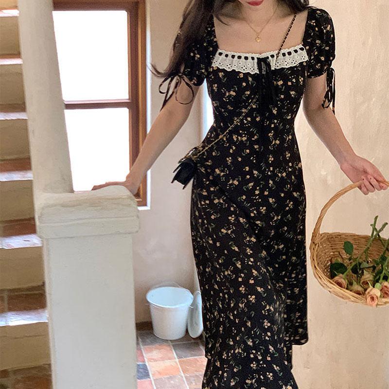 

Платье с французским квадратным вырезом для женщин 2025 Лето Новый стиль Нежный темперамент Прилегающее к талии Юбка с разрезом XL чёрный