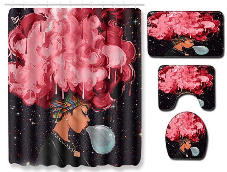 African American Women'S Bathroom Four-Piece Combination Set Household Door Mat Absorbent Non-Slip Floor Mat Carpet