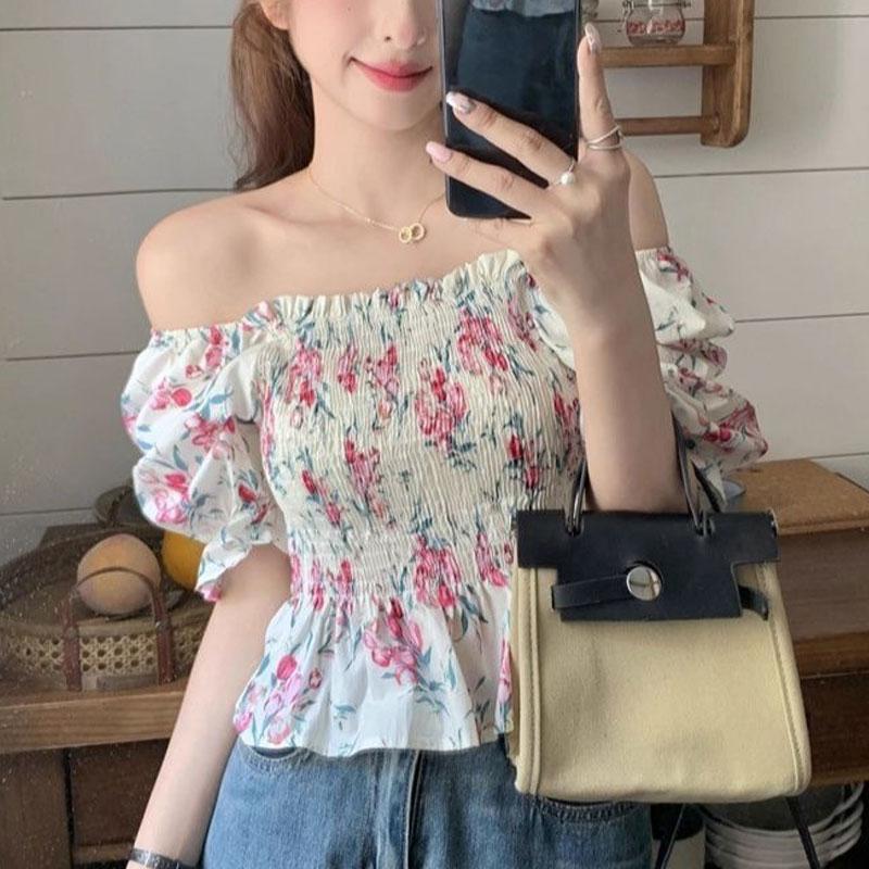 Broken Blouse French Style Puff Sleeve Summer New Sweet Slash Neck Stylish Shirring Slim Vintage Shirts