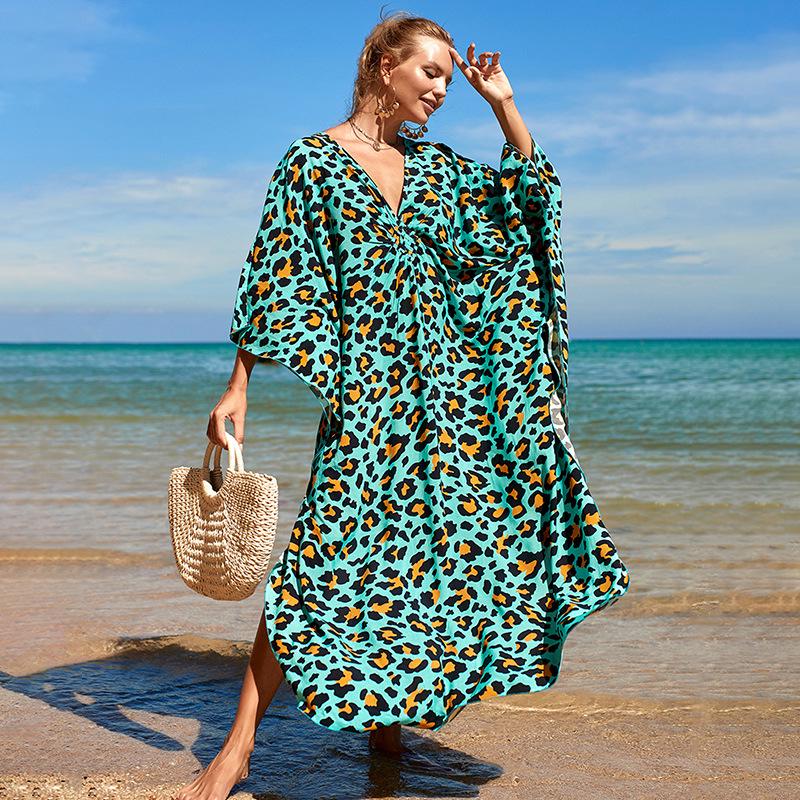 European & American Rayon Print Beach Cover-up Dress - Long, Loose Bikini Swimsuit Robe for Women