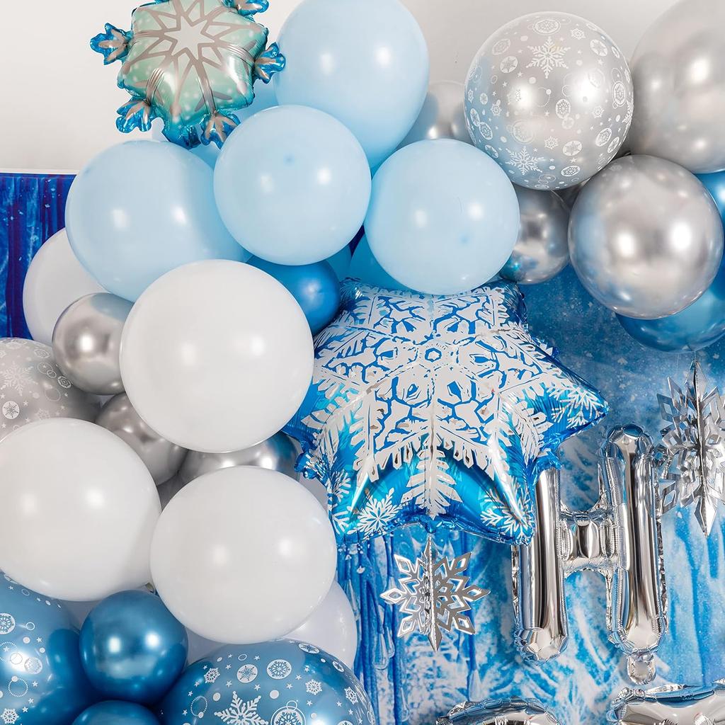 149Pcs Ice Snow Frozen Theme Balloon Garland Arch Kit Double Layered Balloons Metallic Blue Snowflake Balloons for Birthday Party Baby Shower Wedding