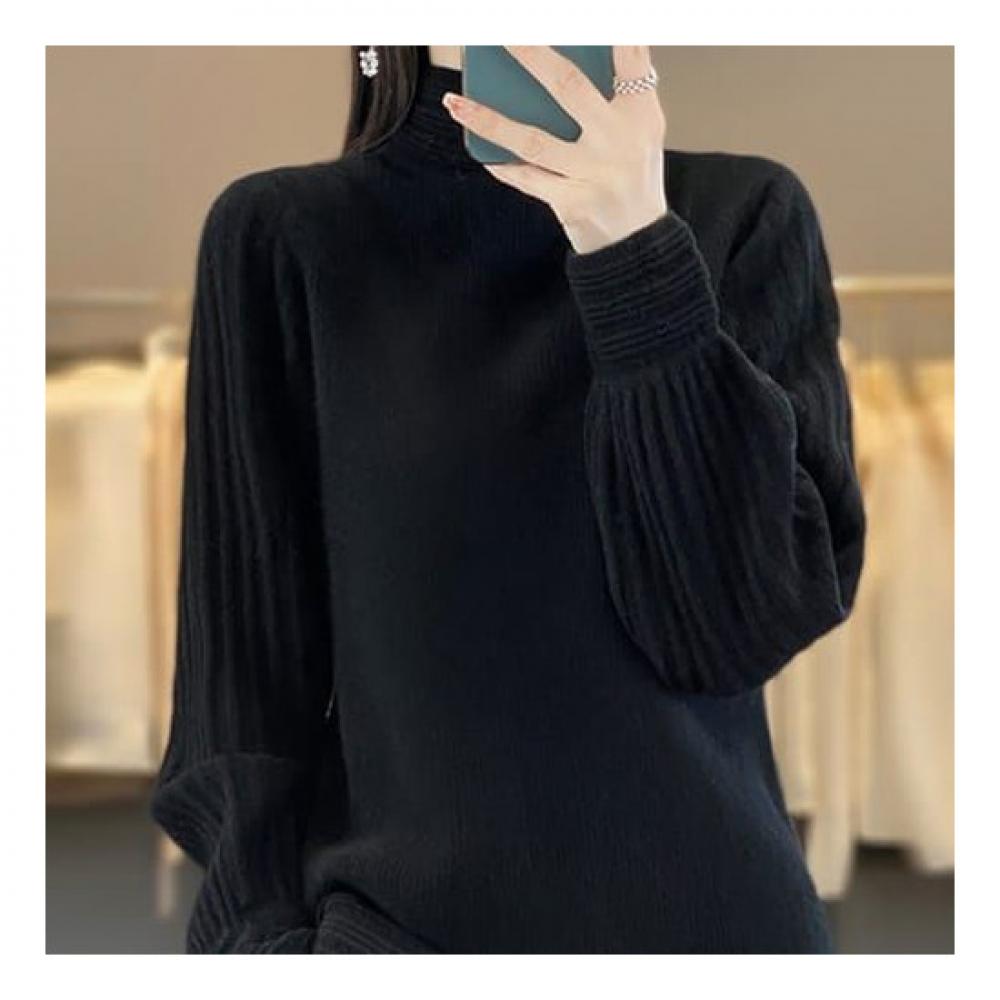 Navava Women Vintage Rib Puff Half Polo Long Sleeve Knit Nk1941