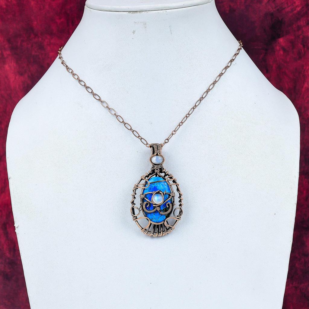 Evil Eye Tibetan Turquoise Pendant Copper Wire Wrapped Pendant Moonstone Jewelry